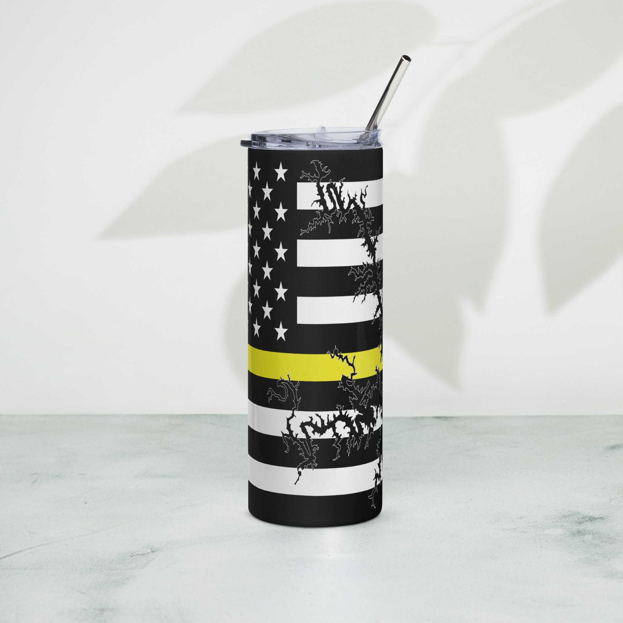 American Flag Smith Mountain Lake with Yellow Line Stainless Steel Tumbler 20 oz. 