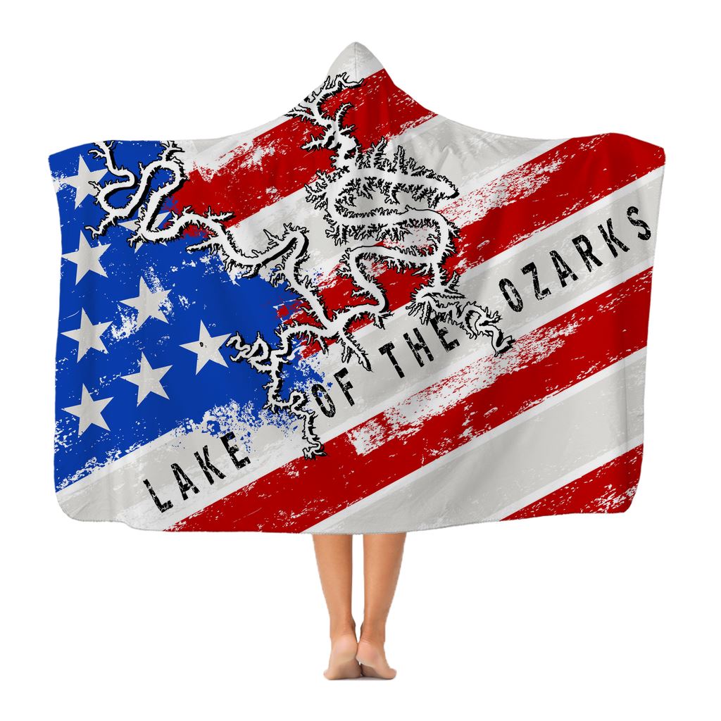 American Flag Lake Of The Ozarks Classic Adult Hooded Blanket - Houseboat Kings