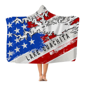 American Flag Lake Ouachita Classic Adult Hooded Blanket - Houseboat Kings