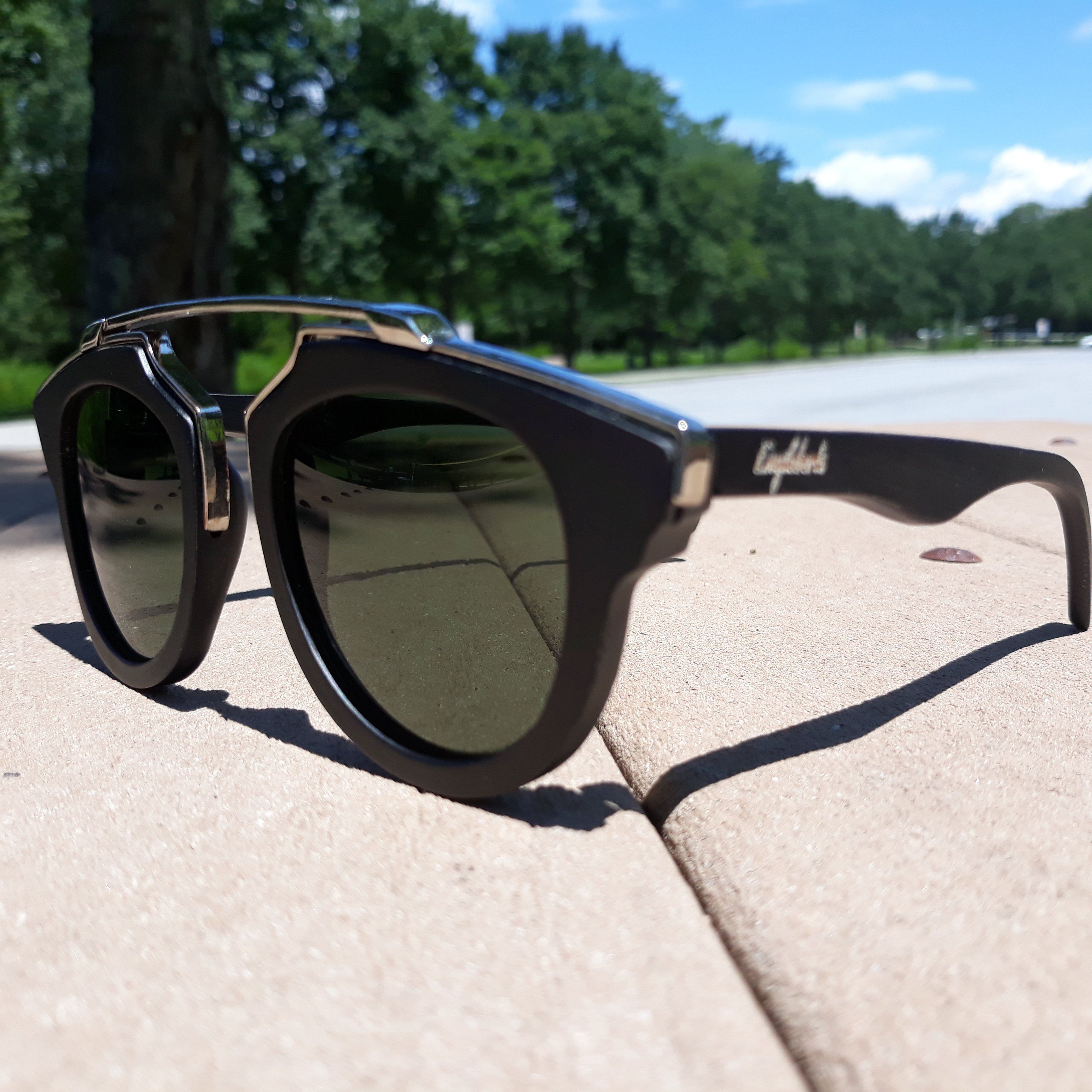 Black Wood and Silver Trim Sunglasses, G15 Lenses with Bamboo Case Sunglasses 