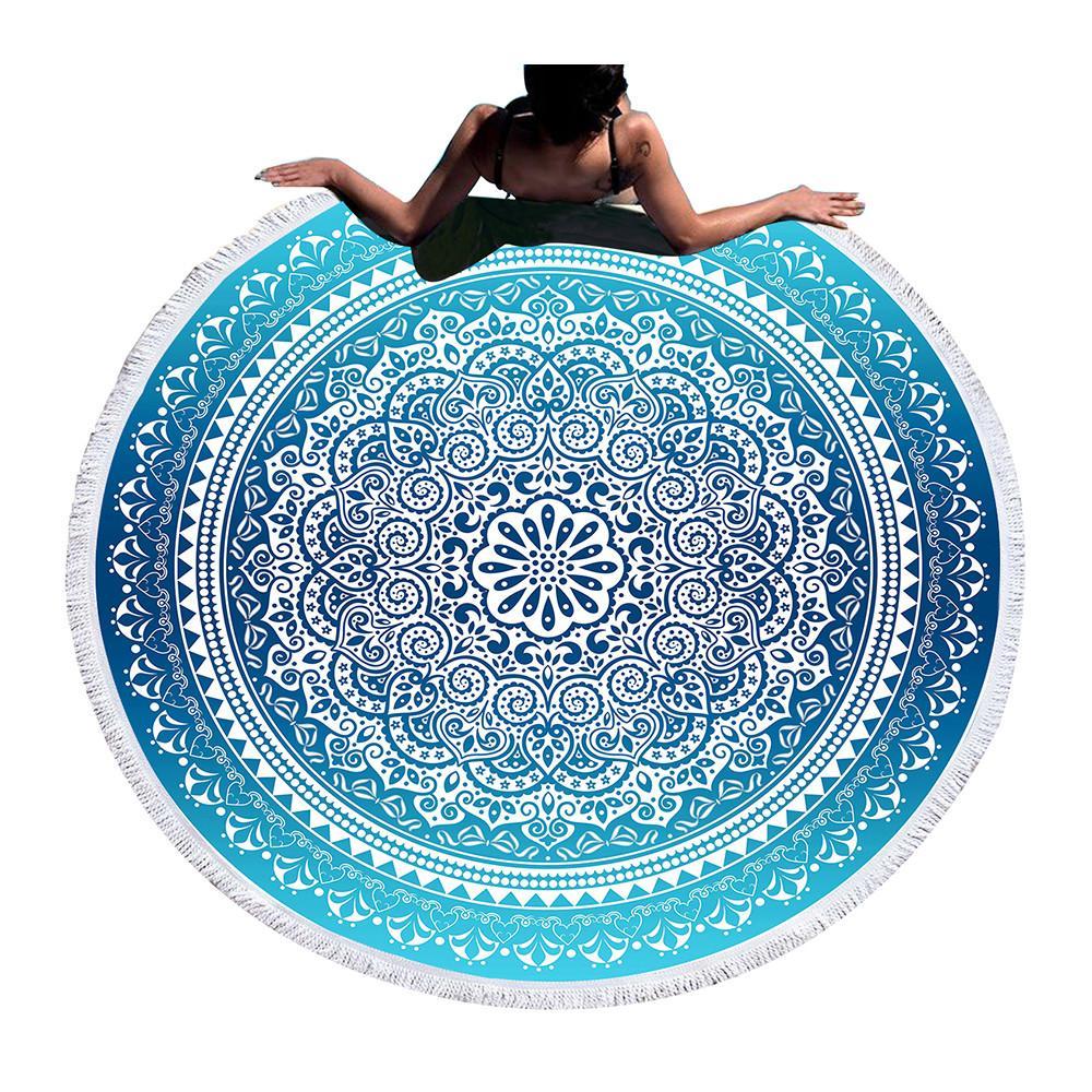 Bohemian Round Beach Towel Sky Blue Tassel Mandala Home & Garden 