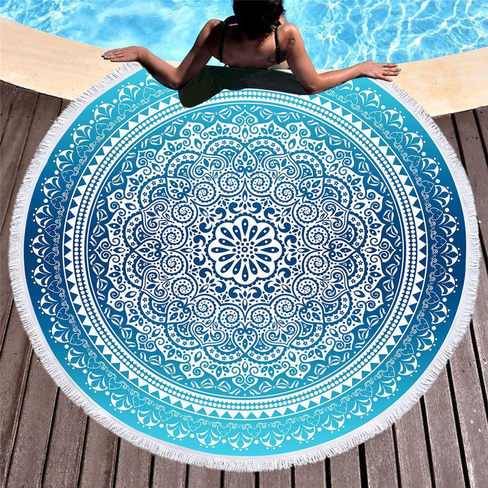 Bohemian Round Beach Towel Sky Blue Tassel Mandala Home & Garden 