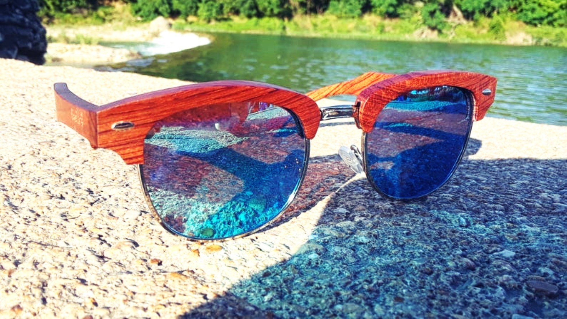 Brazilian Pear Wood Sunglasses, Ice Blue Polarized Lenses Sunglasses 