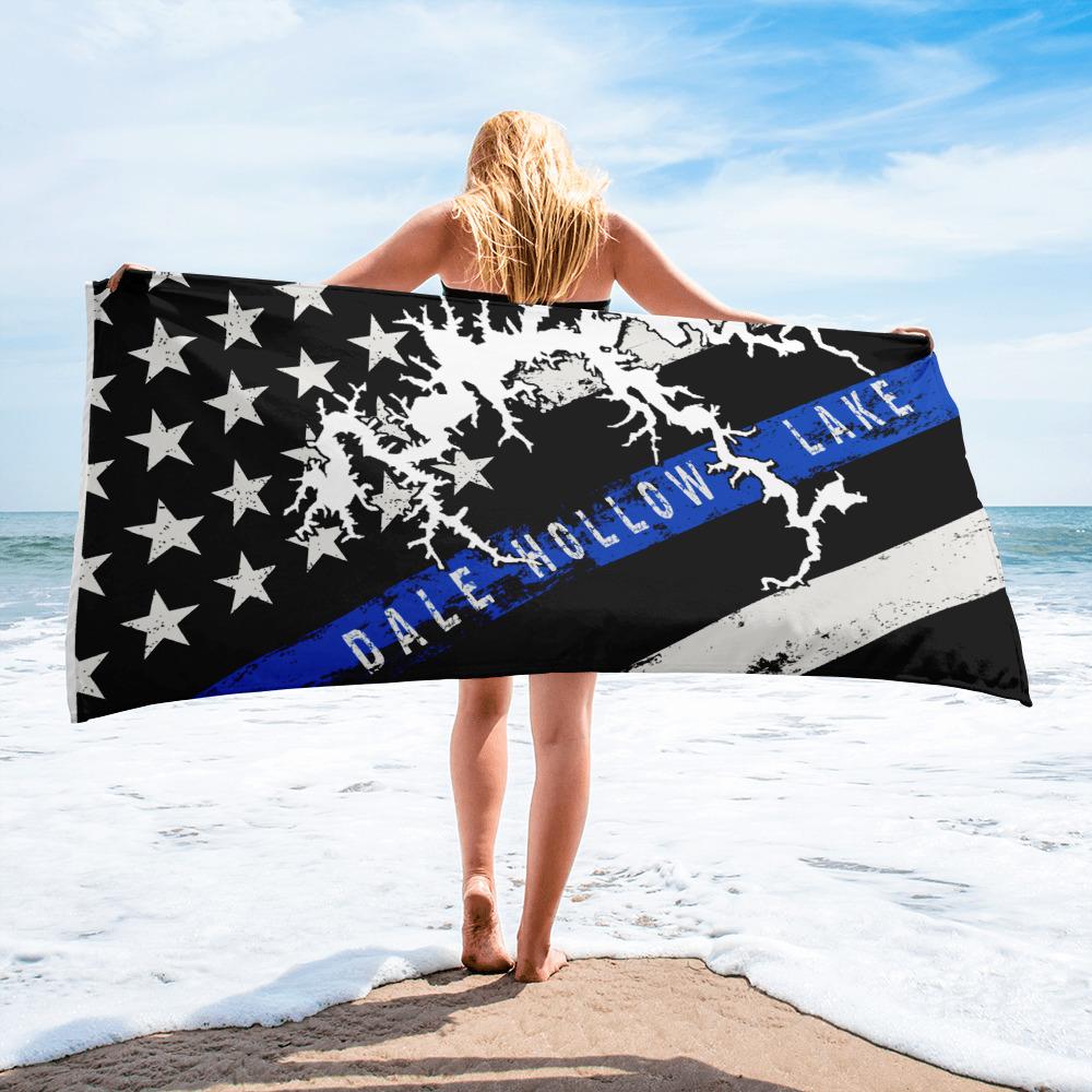 Dale Hollow Lake American Flag | Thin Blue Line | Beach Towel - Houseboat Kings