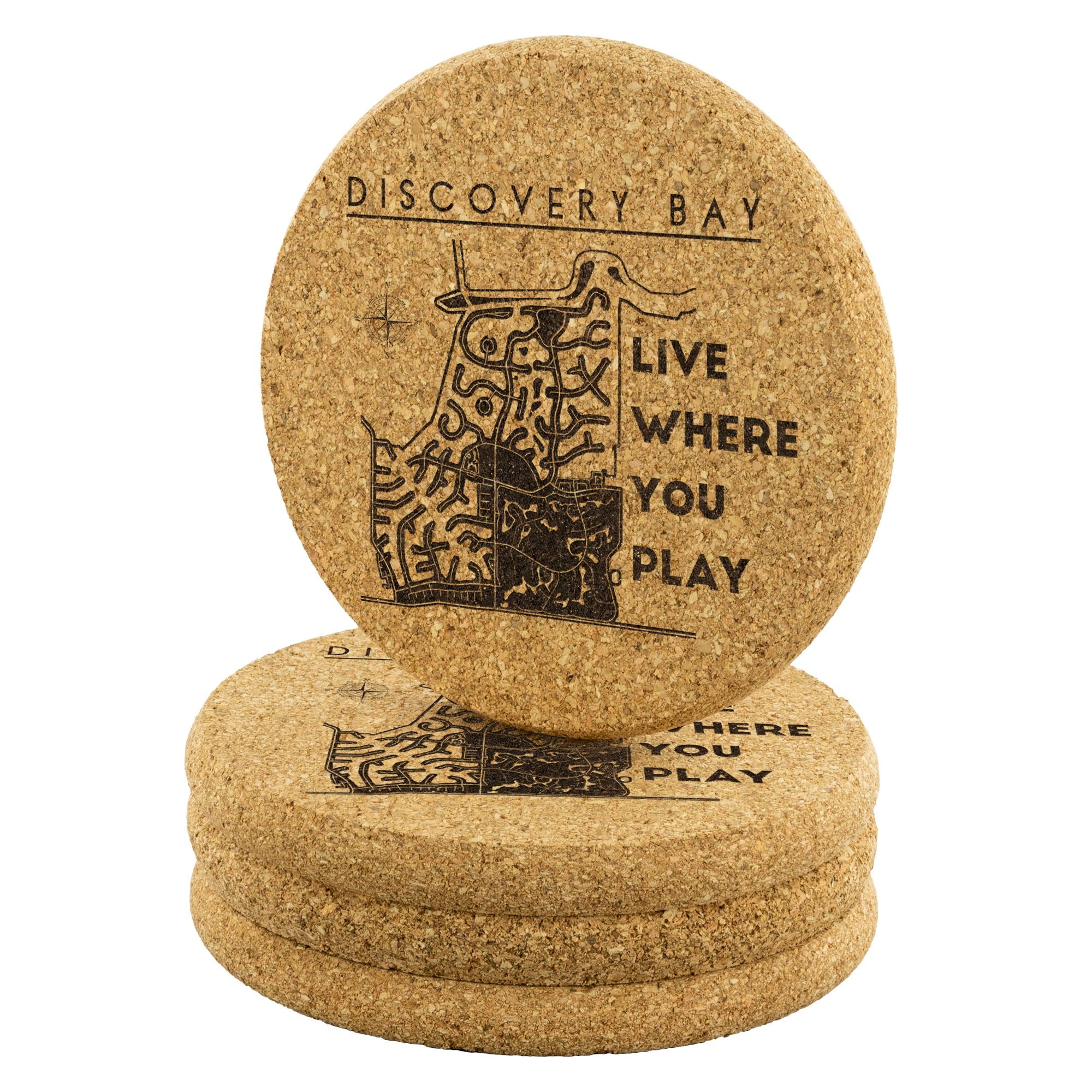 Discovery Bay Cork Coaster | Laser Etched | 4-Pack | Lake Gift - Houseboat Kings