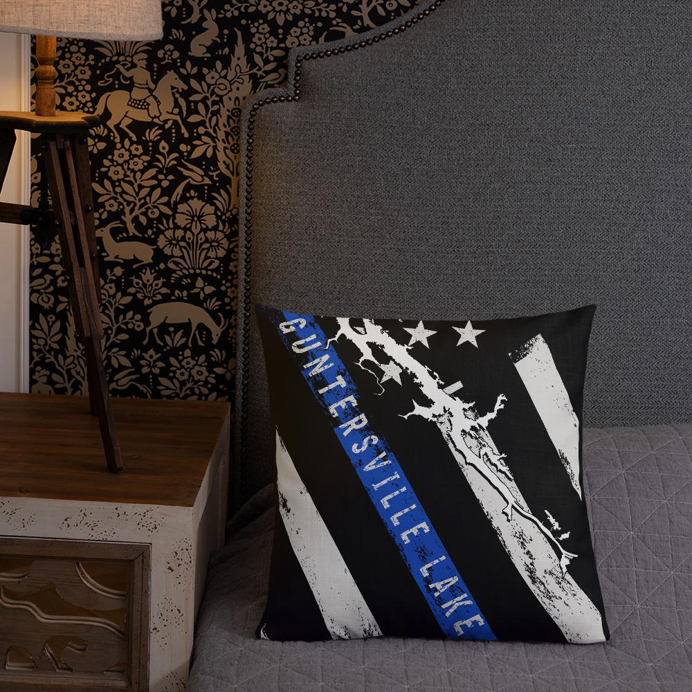 Guntersville Lake American Flag | Thin Blue Line | Premium Pillow Case w/ stuffing - Houseboat Kings