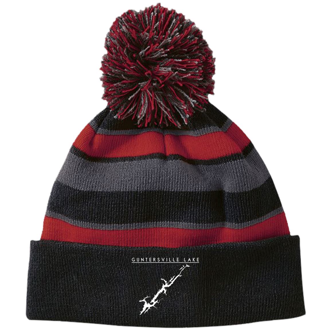 Guntersville Lake Embroidered Striped Beanie with Pom - Houseboat Kings