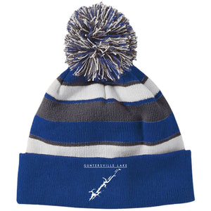 Guntersville Lake Embroidered Striped Beanie with Pom - Houseboat Kings