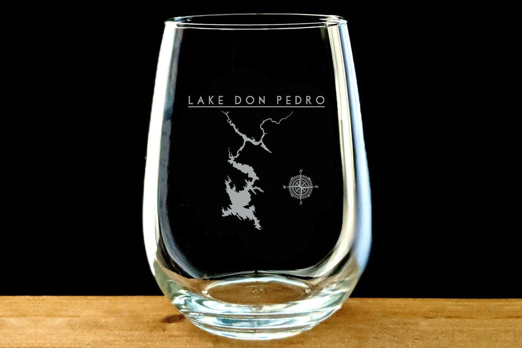 Lake Don Pedro laser Etched Stemless Wine Glass - Houseboat Kings