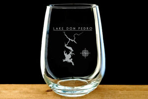 Lake Don Pedro laser Etched Stemless Wine Glass - Houseboat Kings