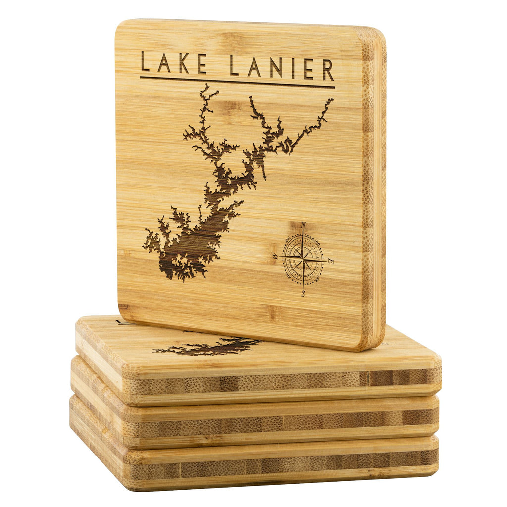 Lake Lanier Bamboo Coaster | Laser Etched | 4-Pack | Lake Gift - Houseboat Kings