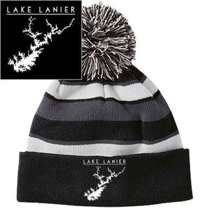 Lake Lanier Embroidered Striped Beanie with Pom - Houseboat Kings