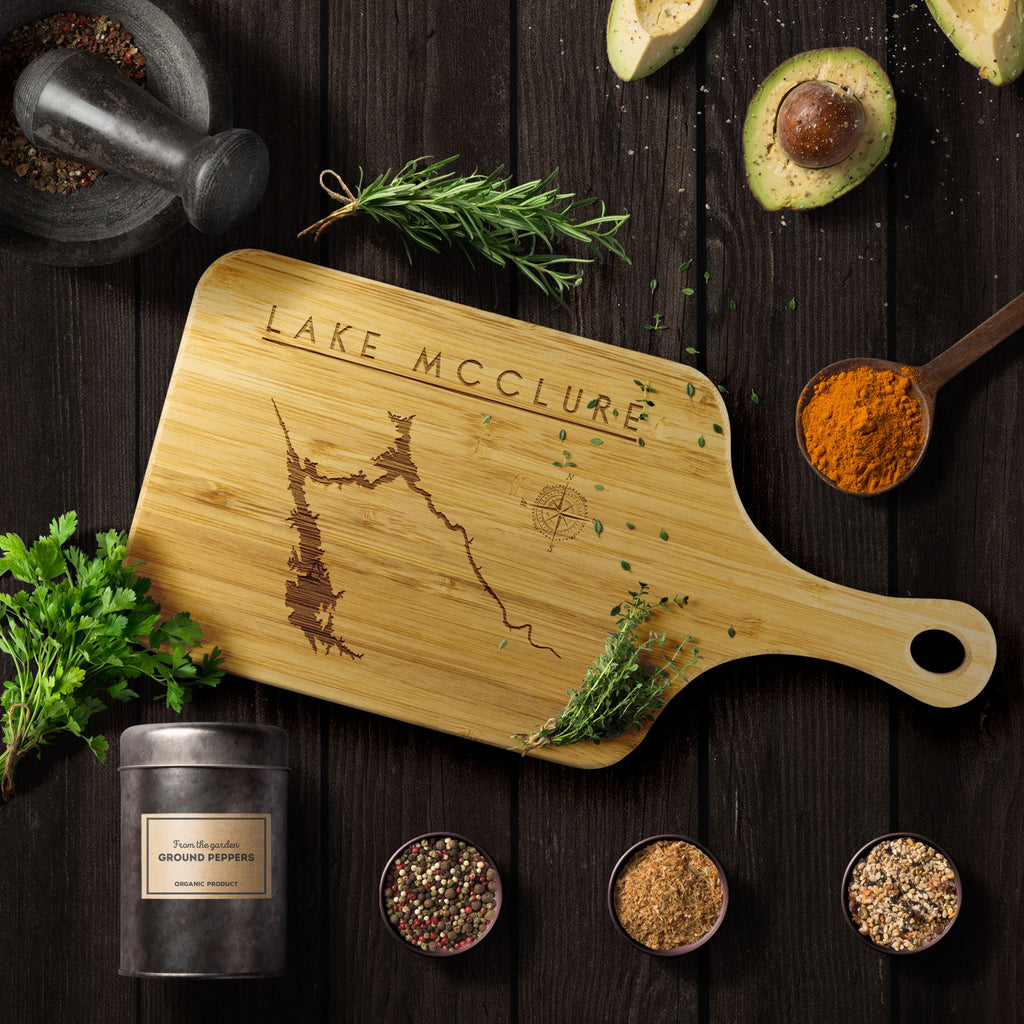 Lake Mcclure Bamboo Bar Board With Handle | Laser Etched | Lake Gift - Houseboat Kings