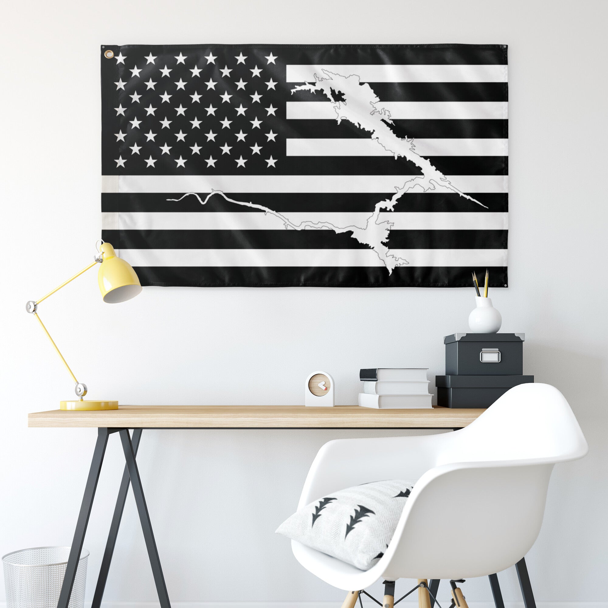 Lake McClure Black & White American Boat Flag Wall Art 