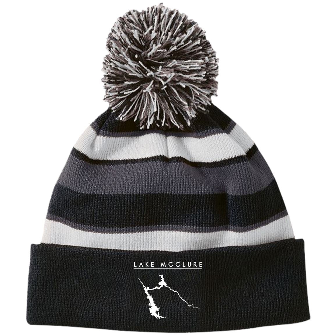 Lake McClure Embroidered Striped Beanie with Pom - Houseboat Kings