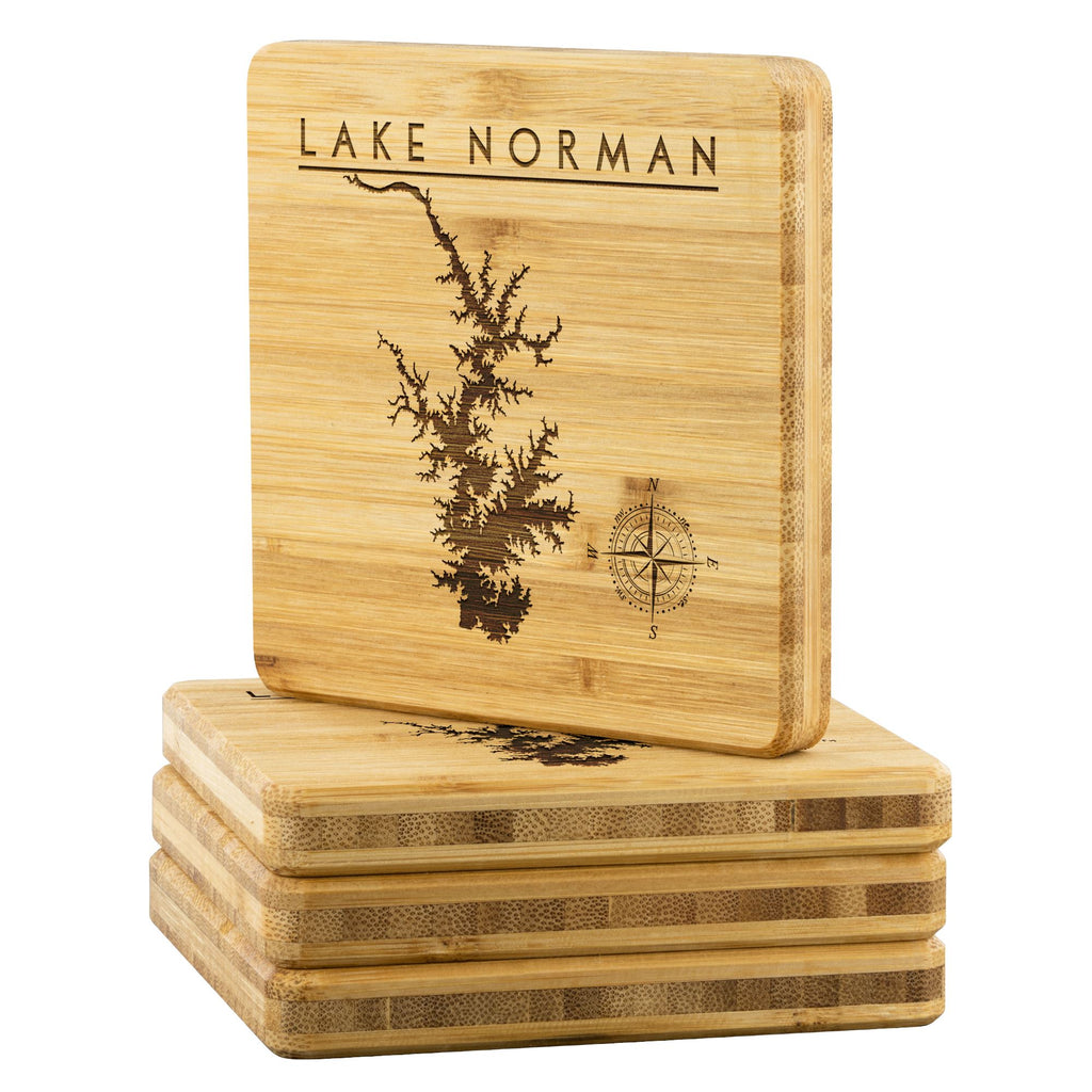 Lake Norman Bamboo Coaster | Laser Etched | 4-Pack | Lake Gift - Houseboat Kings