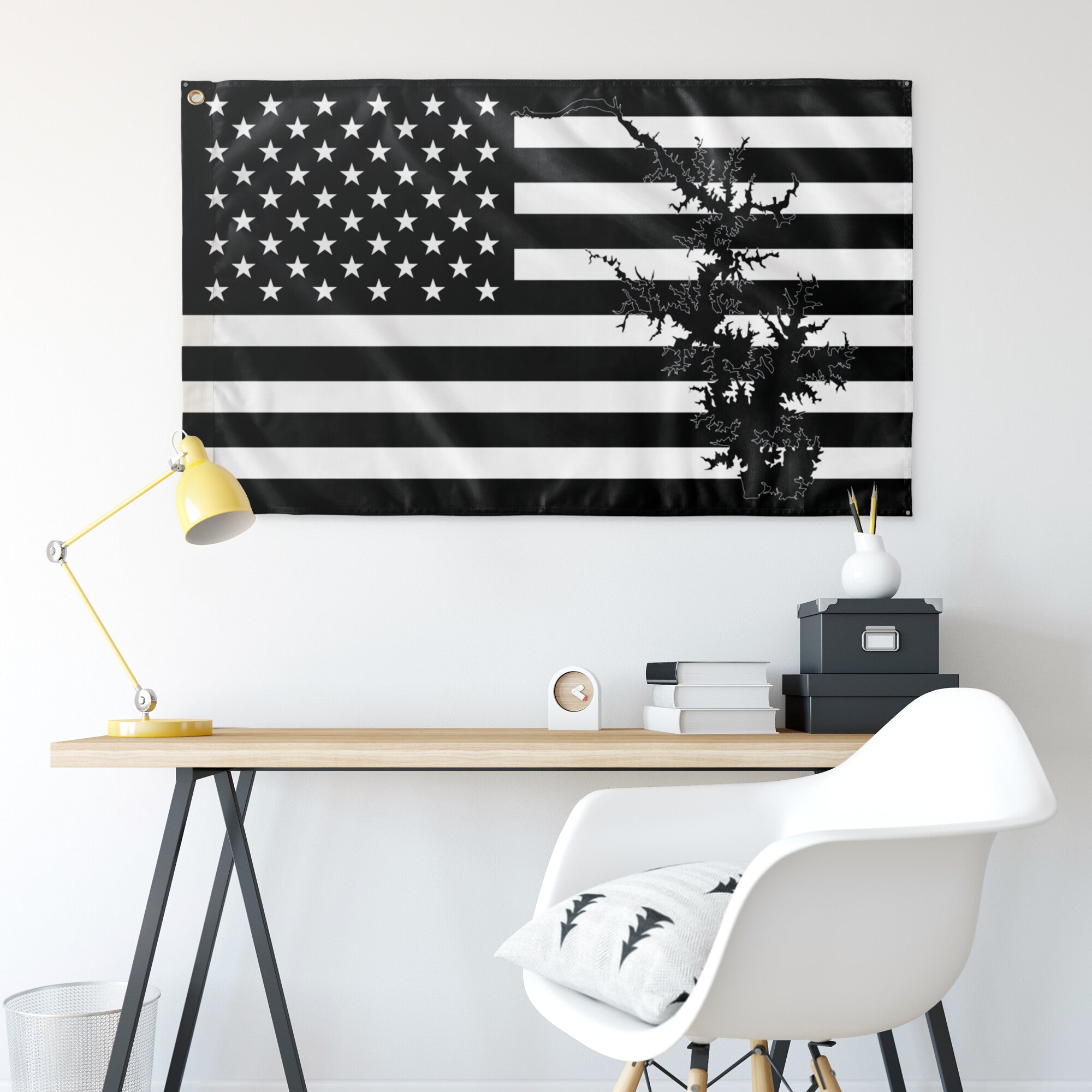 Lake Norman Black & White American Boat Flag Wall Art 
