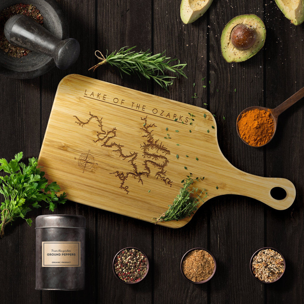 Lake Of The Ozarks Bamboo Bar Board With Handle | Laser Etched | Lake Gift - Houseboat Kings