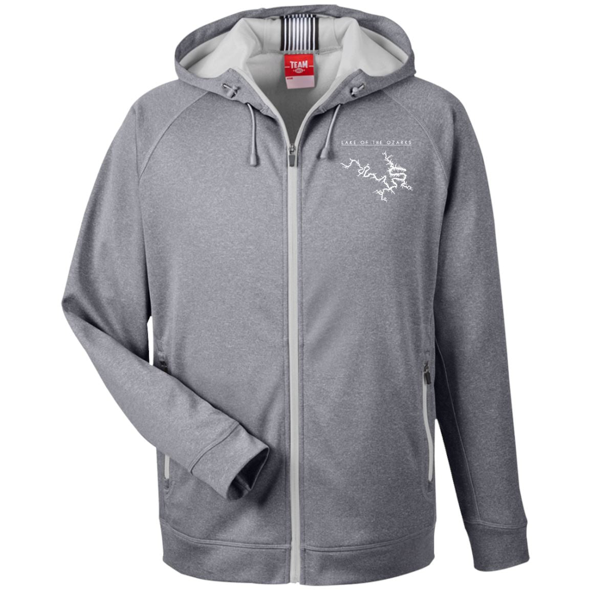 Lake Of The Ozarks Embroidered Men's Heathered Performance Hooded  Fleece Jacket - Houseboat Kings