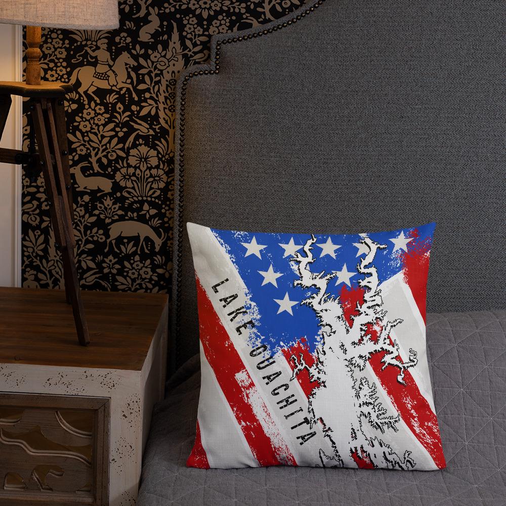 Lake Ouachita American Flag | Premium Pillow Case w/ stuffing - Houseboat Kings