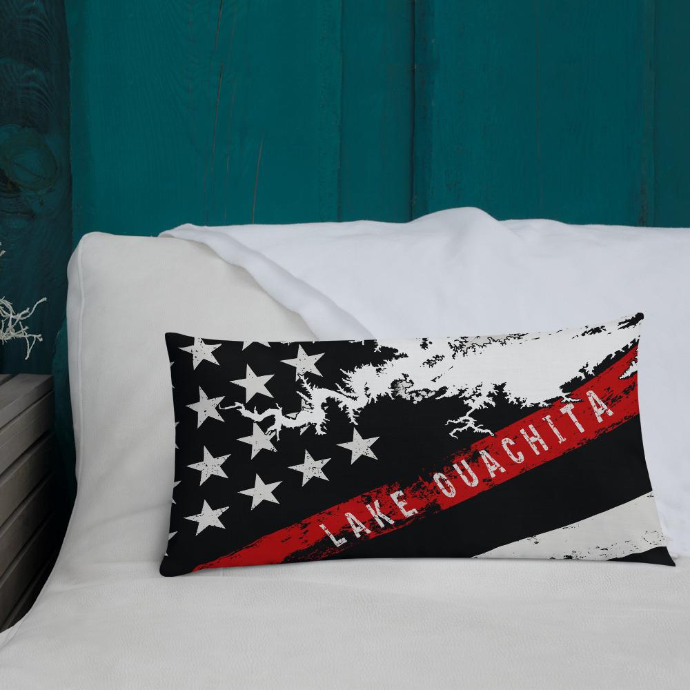 Lake Ouachita American Flag | Thin Red Line | Premium Pillow Case w/ stuffing - Houseboat Kings
