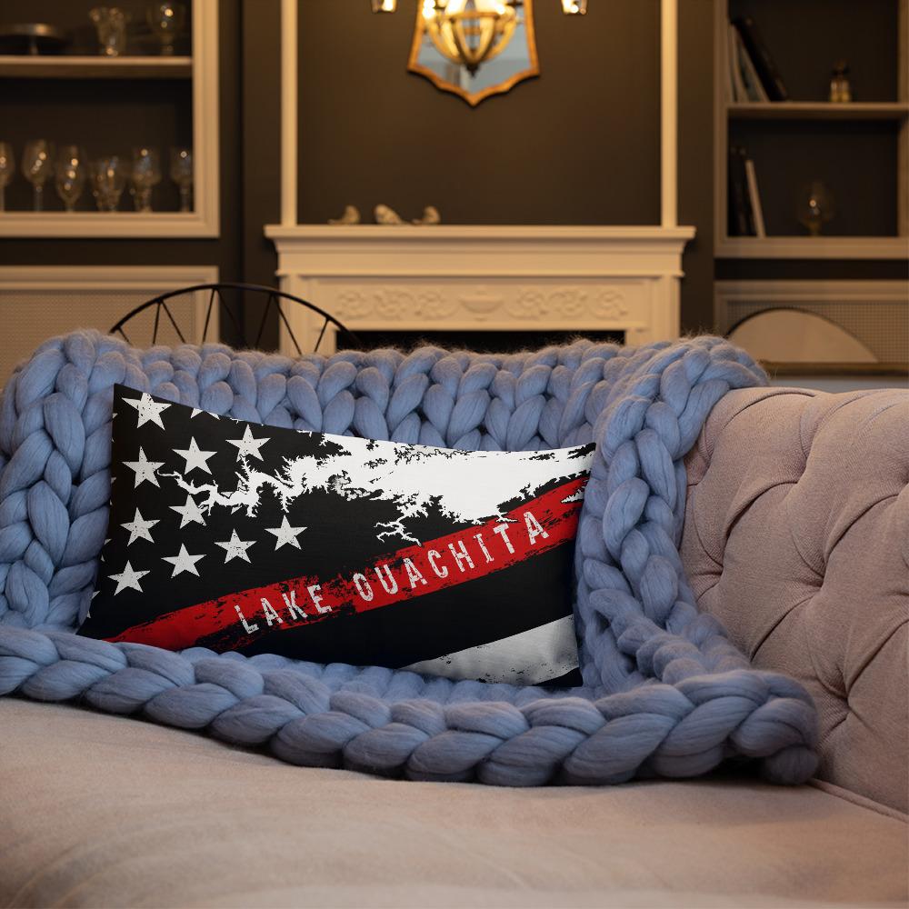 Lake Ouachita American Flag | Thin Red Line | Premium Pillow Case w/ stuffing - Houseboat Kings