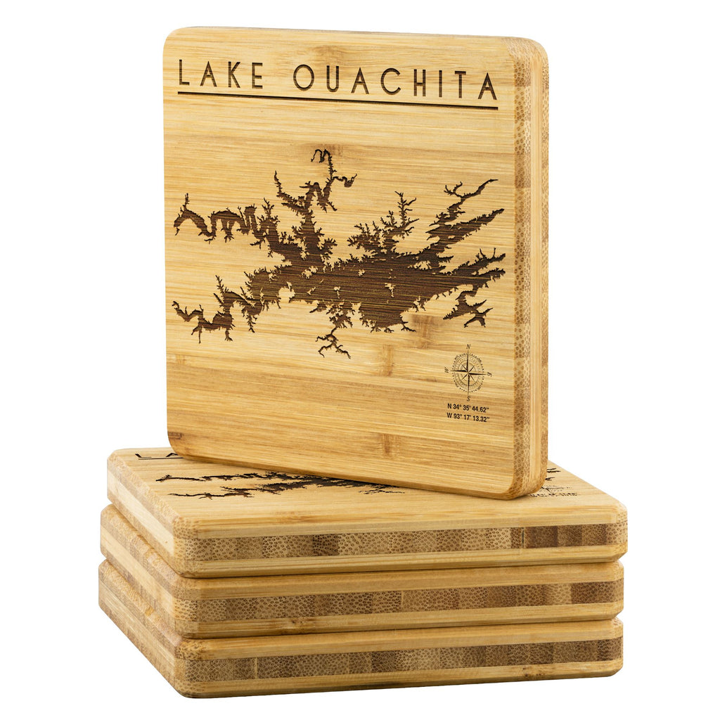 Lake Ouachita Bamboo Coaster with GPS Coordinates | Laser Etched | 4-Pack | Lake Gift - Houseboat Kings