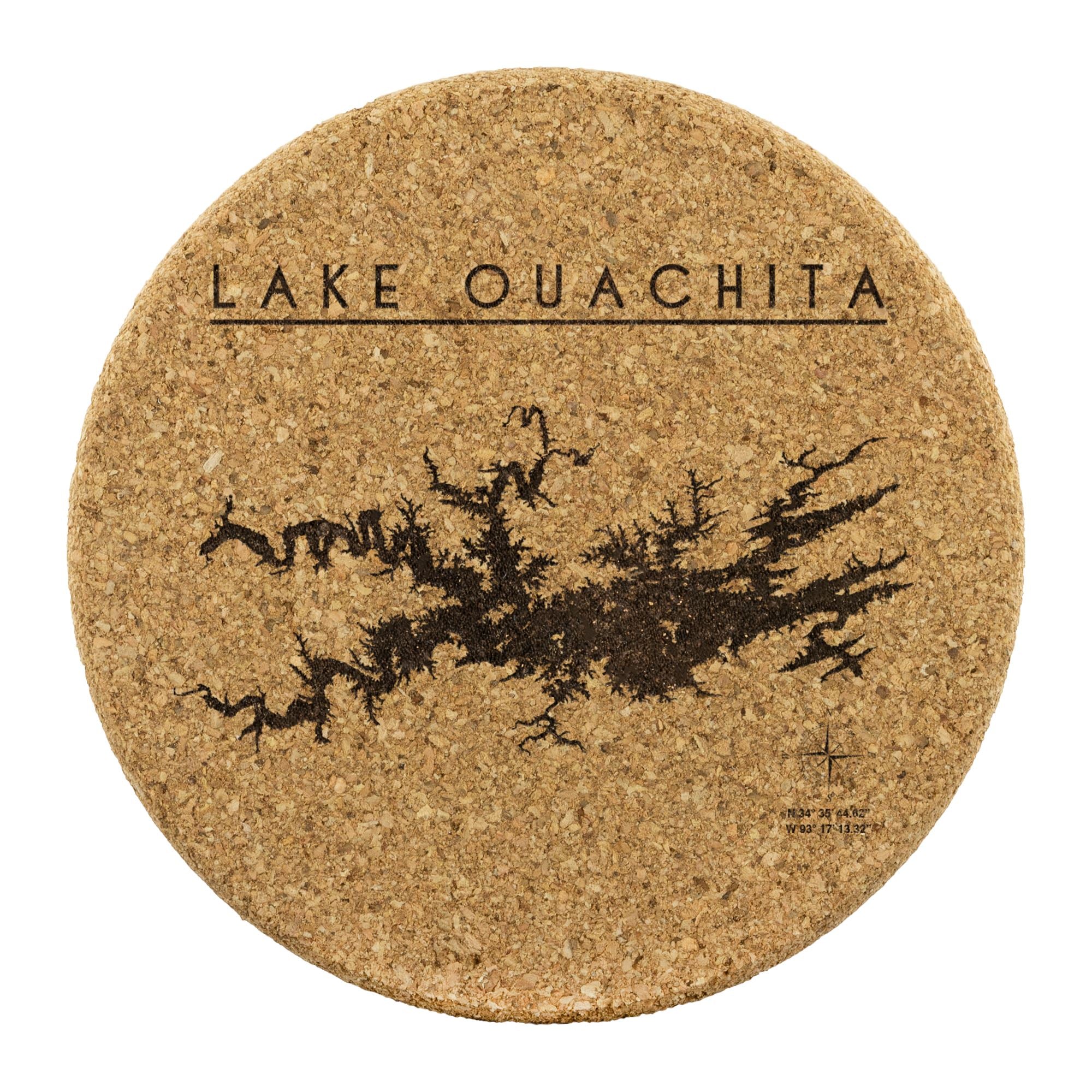 Lake Ouachita Cork Coaster With GPS Coordinates | Laser Etched | 4-Pack | Lake Gift - Houseboat Kings