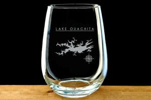 Lake Ouachita laser Etched Stemless Wine Glass - Houseboat Kings