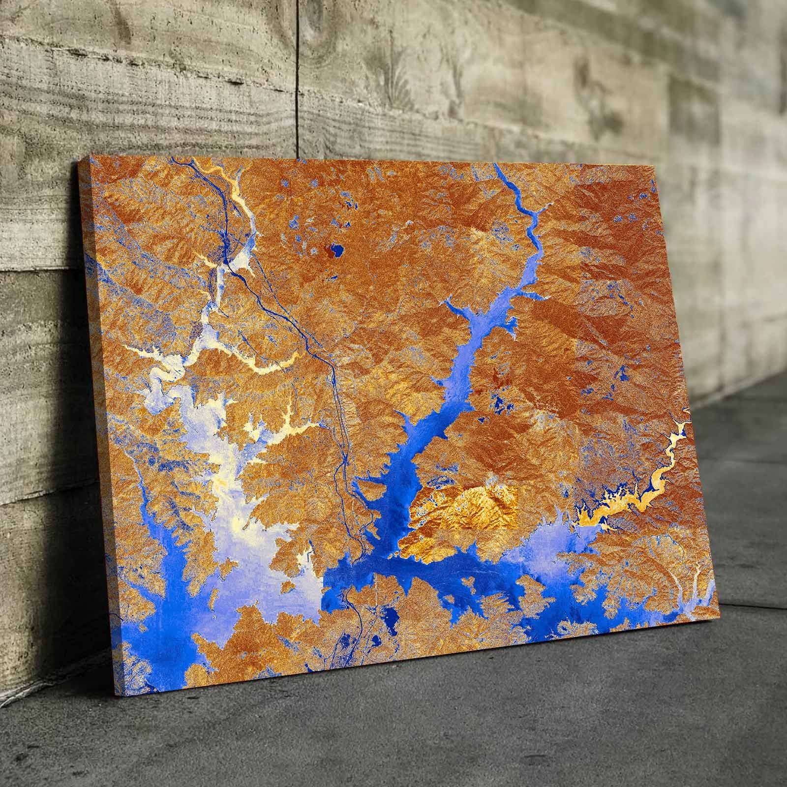 Lake Shasta Art From Space | Classy Blue and Gold | Gallery Quality Canvas Wrap - Houseboat Kings