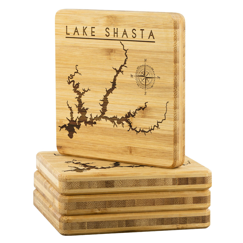 Lake Shasta Bamboo Coaster | Laser Etched | 4-Pack | Lake Gift - Houseboat Kings