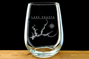 Lake Shasta Laser Etched Stemless Wine Glass - Houseboat Kings