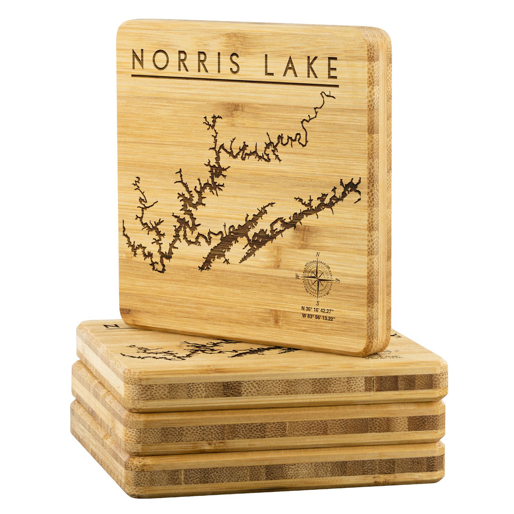 Norris Lake Bamboo Coaster | Laser Etched | 4-Pack | Lake Gift - Houseboat Kings