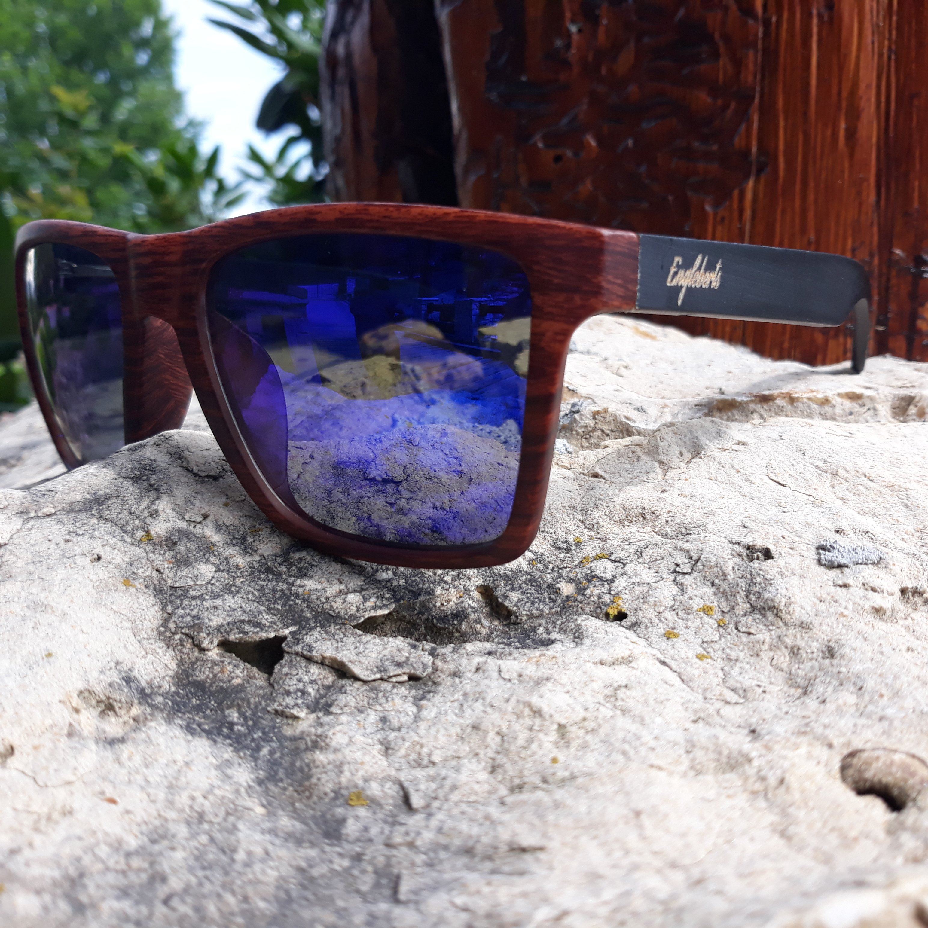 Oak Colored Frames, Bamboo Sunglasses, Blue Polarized Lenses Sunglasses 