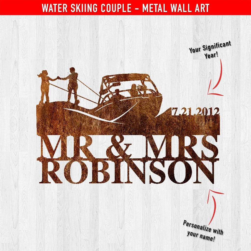 PERSONALIZED Tandem Water Skiing Married Couple Metal Wall Art (🇺🇸Made In The USA) - Houseboat Kings