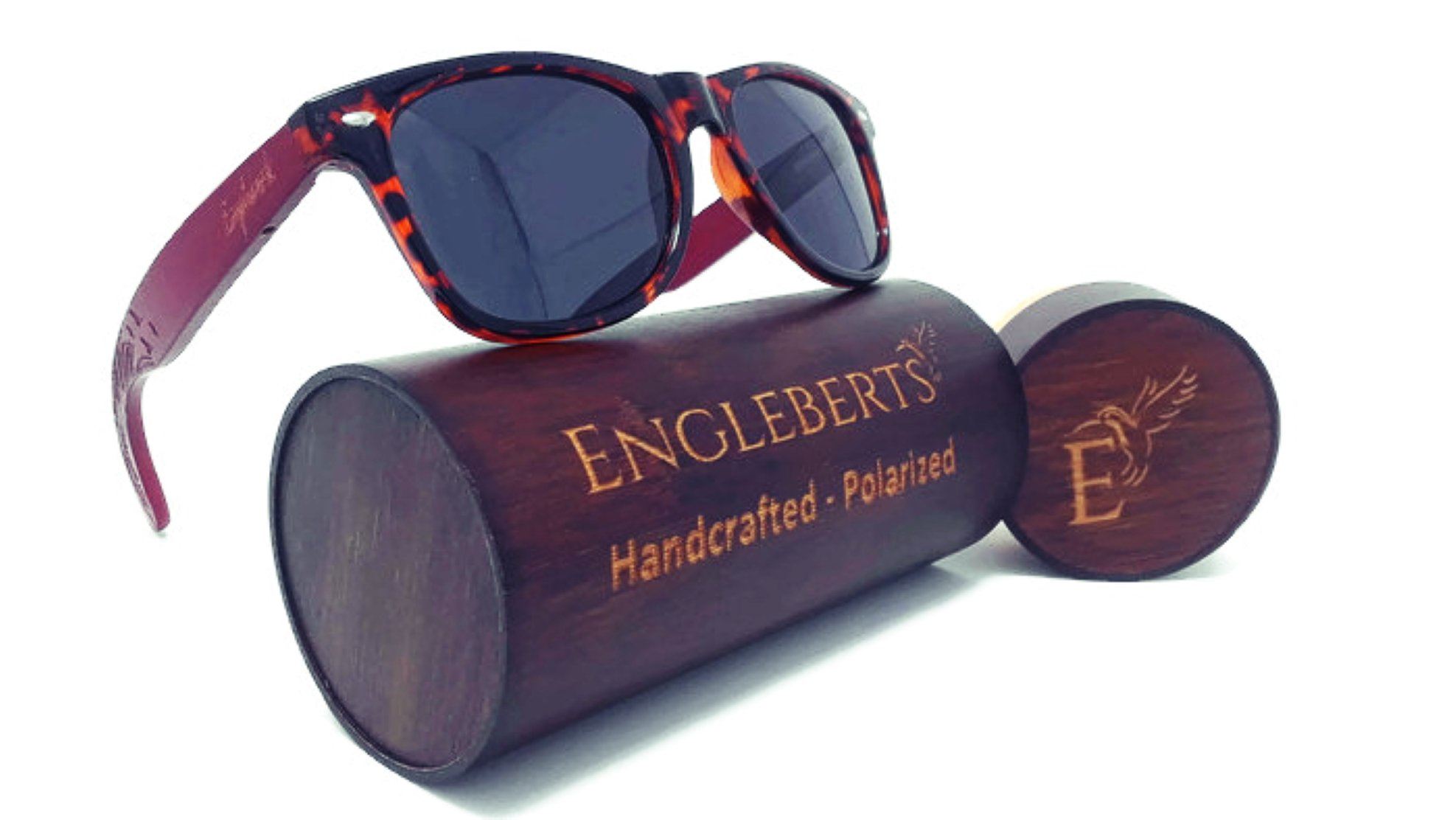 Red Bamboo Tortoise Framed Sunglasses With Wood Case, Artisan Engraved Sunglasses 