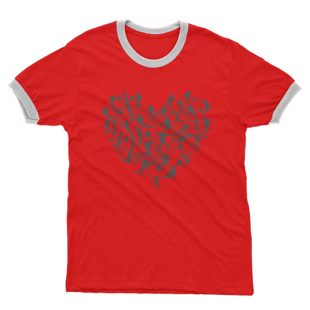 SKIING HEART_Grey Adult Ringer T-Shirt Apparel Red / White Unisex S