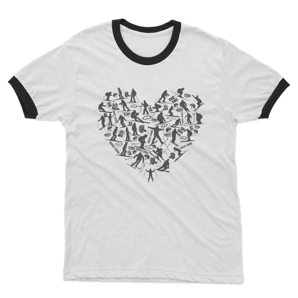 SKIING HEART_Grey Adult Ringer T-Shirt Apparel White / Black Unisex S