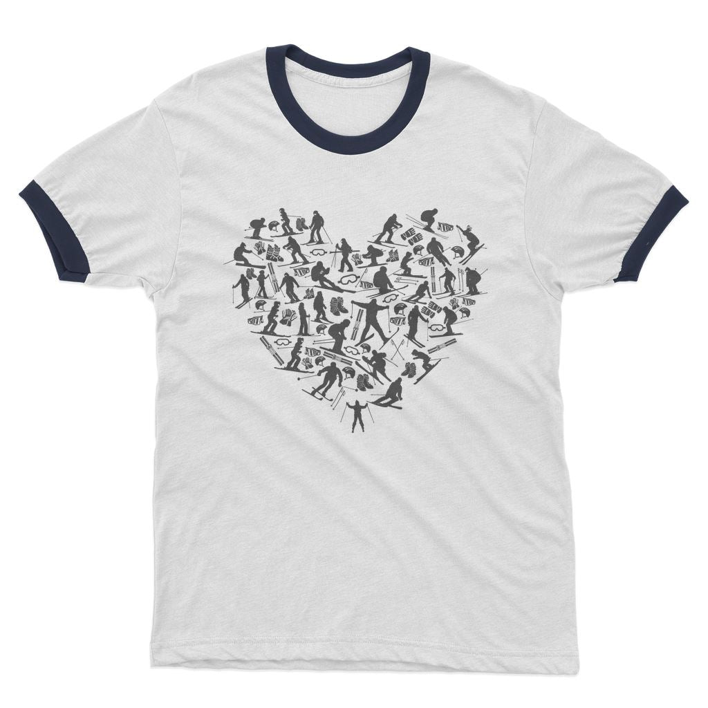 SKIING HEART_Grey Adult Ringer T-Shirt Apparel White / Navy Unisex S