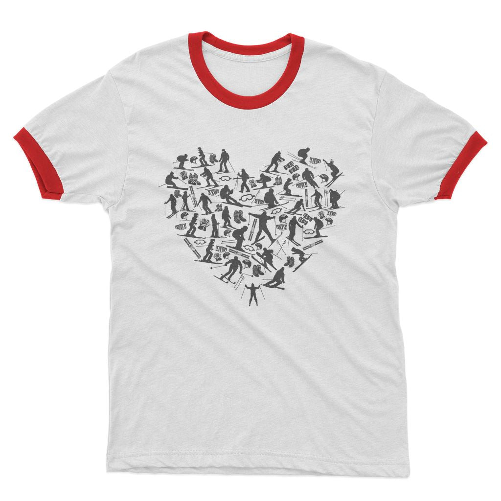 SKIING HEART_Grey Adult Ringer T-Shirt Apparel White / Red Unisex S