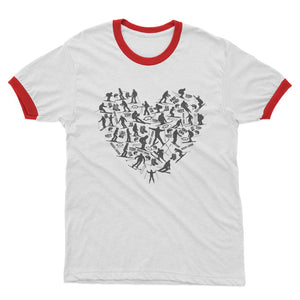 SKIING HEART_Grey Adult Ringer T-Shirt Apparel White / Red Unisex S