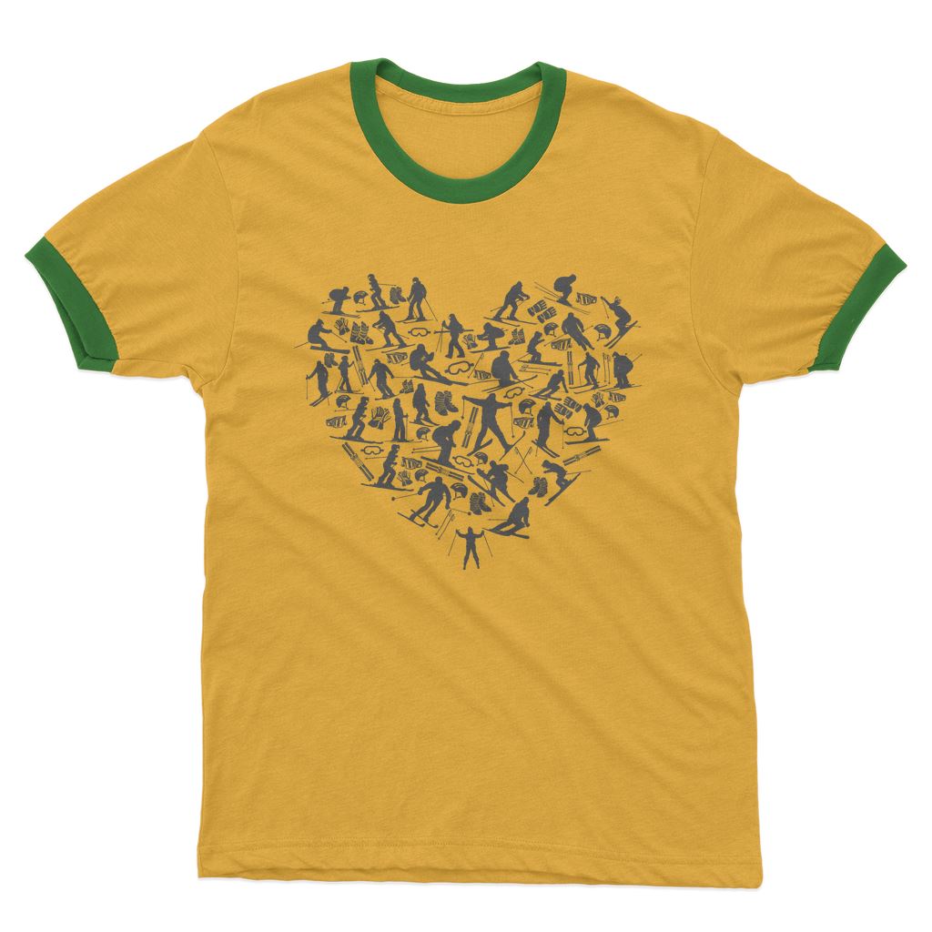 SKIING HEART_Grey Adult Ringer T-Shirt Apparel Yellow / Kelly Green Unisex S