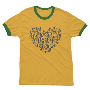 SKIING HEART_Grey Adult Ringer T-Shirt Apparel Yellow / Kelly Green Unisex S