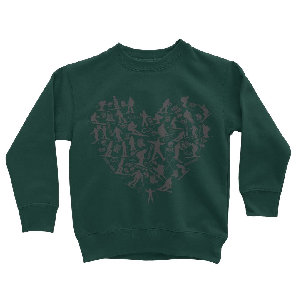 SKIING HEART_Grey Classic Kids Sweatshirt Apparel Dark Green 3 to 4 Years 