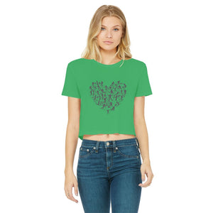 SKIING HEART_Grey Classic Women's Cropped Raw Edge T-Shirt Apparel Irish Green Female S