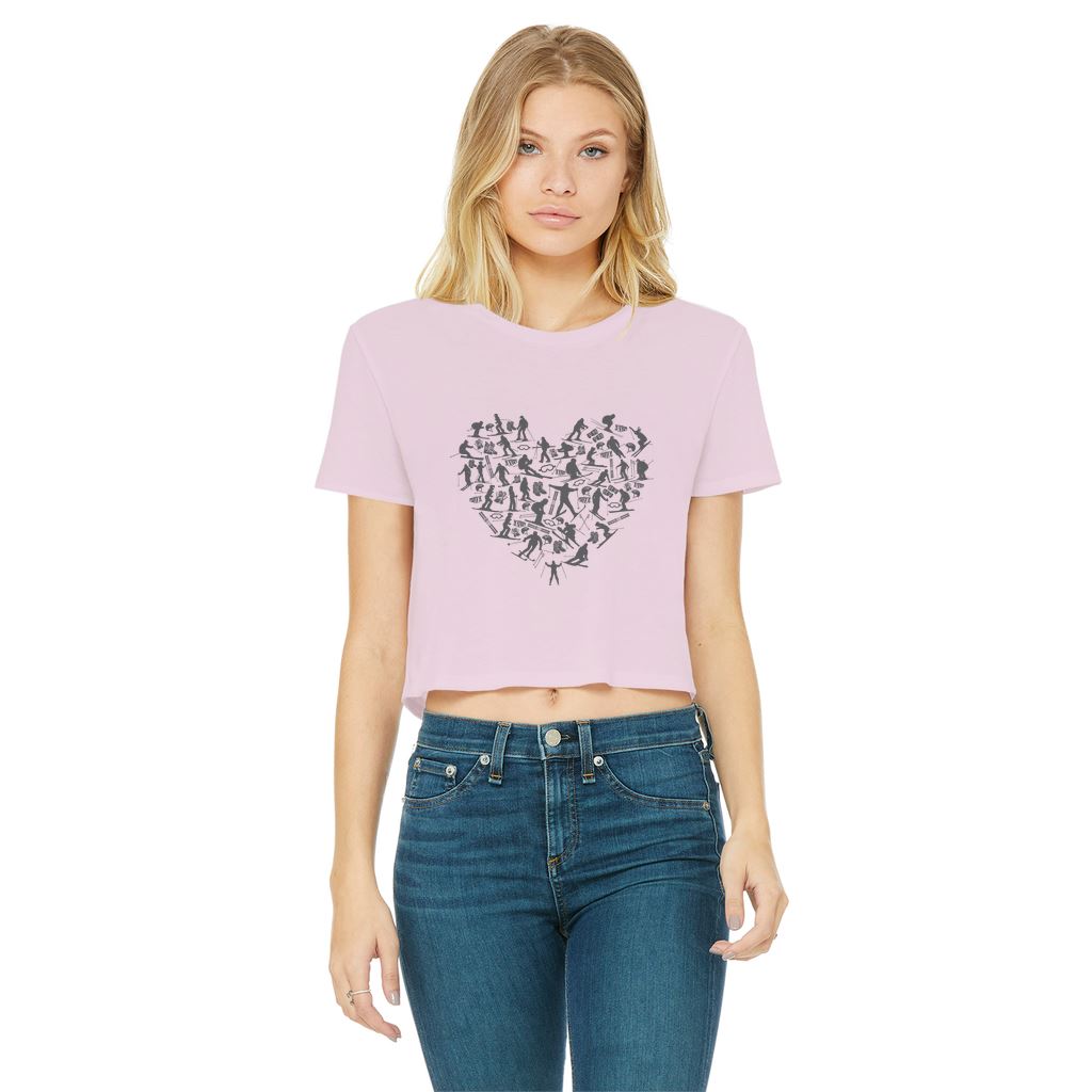 SKIING HEART_Grey Classic Women's Cropped Raw Edge T-Shirt Apparel Light Pink Female S
