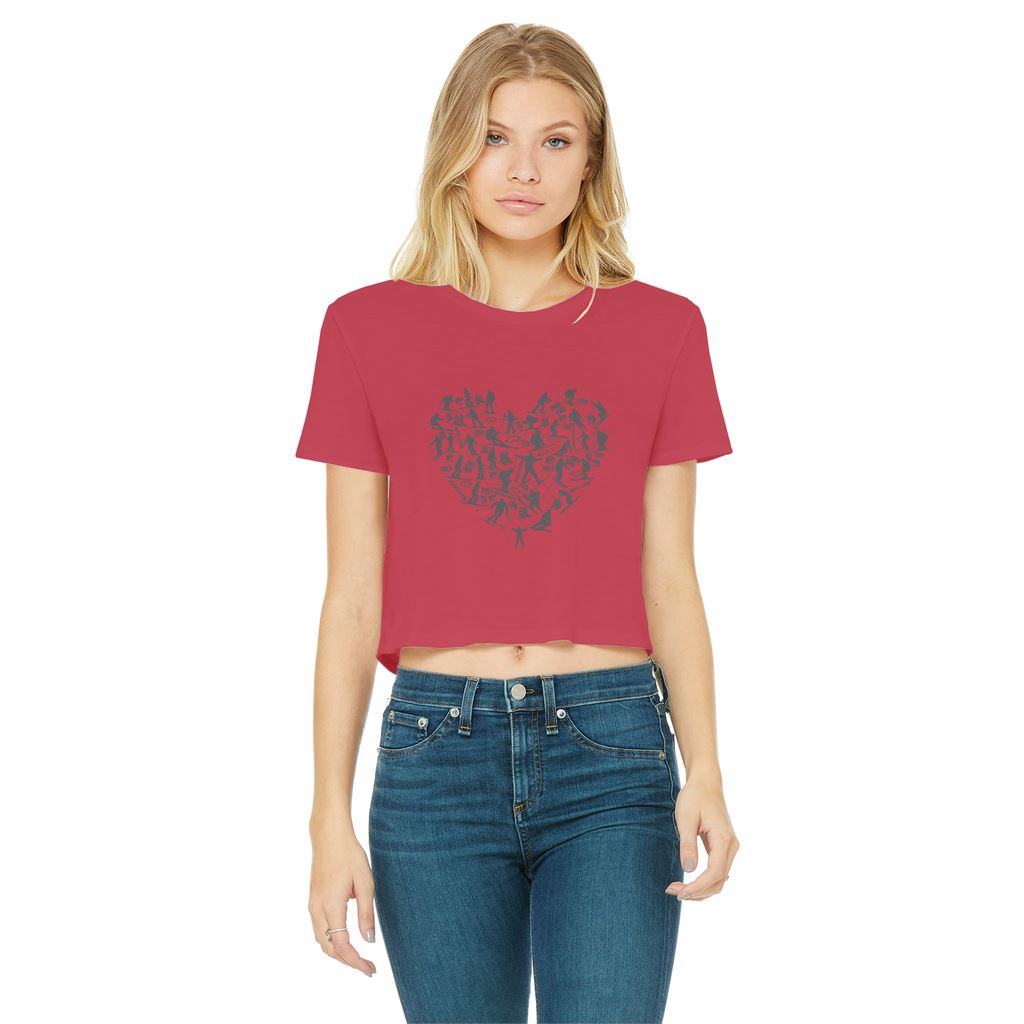 SKIING HEART_Grey Classic Women's Cropped Raw Edge T-Shirt Apparel Red Female S