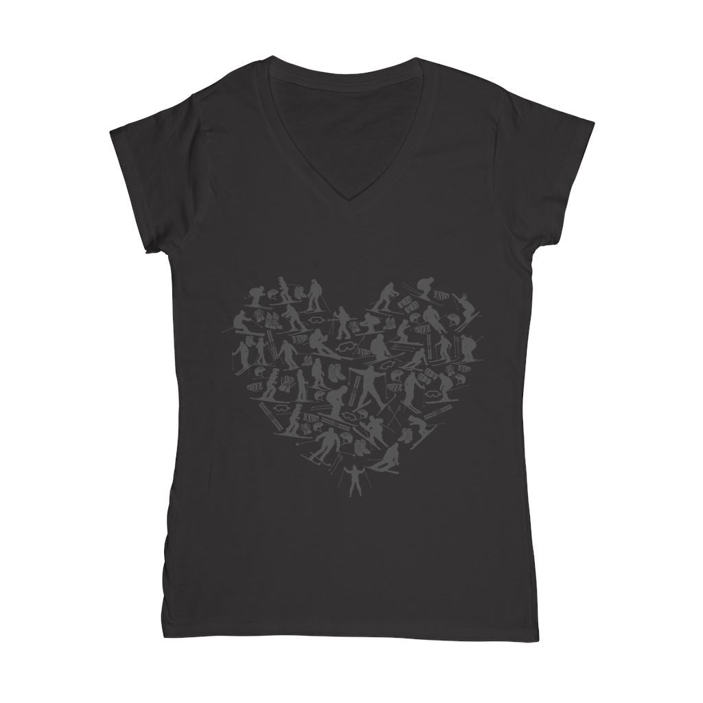 SKIING HEART_Grey Classic Women's V-Neck T-Shirt Apparel Black Female S
