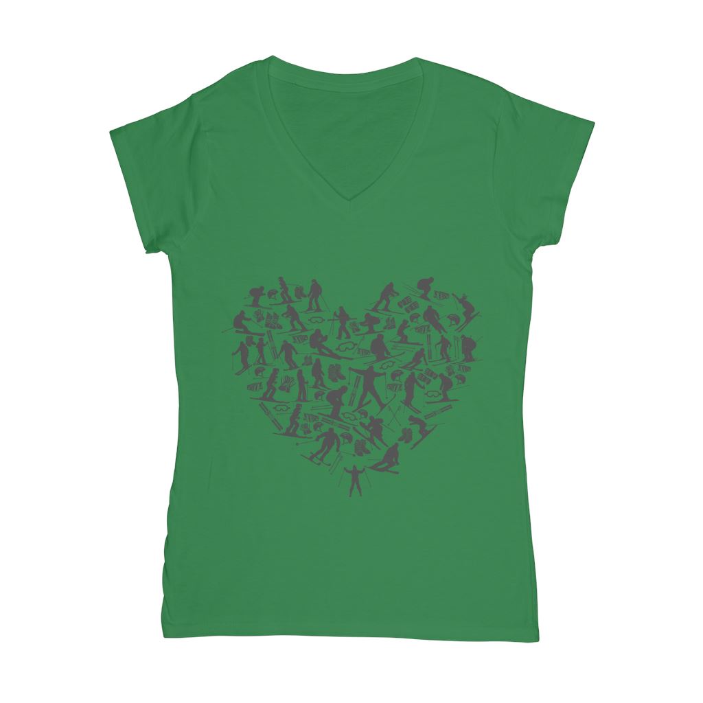 SKIING HEART_Grey Classic Women's V-Neck T-Shirt Apparel Kelly Green Female S