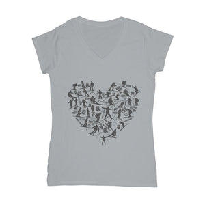 SKIING HEART_Grey Classic Women's V-Neck T-Shirt Apparel Light Grey Female S
